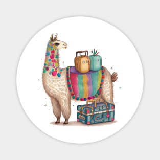 Colorful llama alpaca with travel luggage Magnet